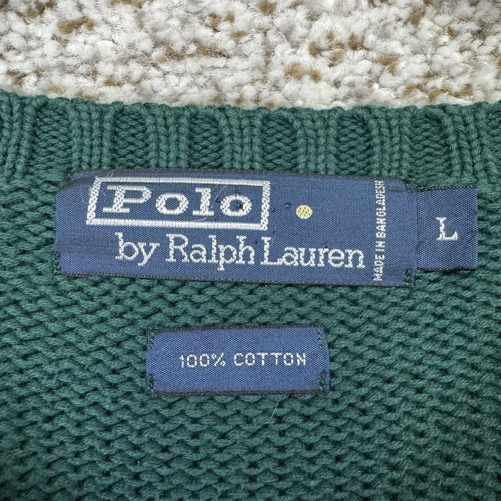 Polo Ralph Lauren Sweater Mens L Green Cotton Knit Crew Pullover Chunky‎ Heavy